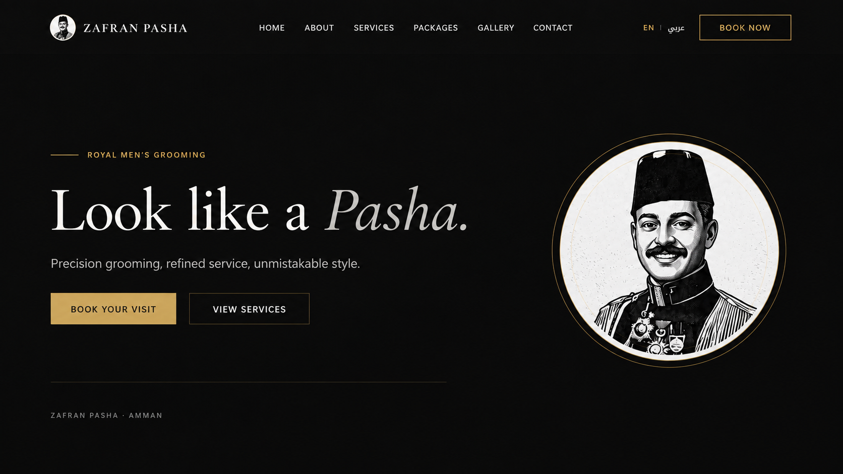 Zafran Pasha website homepage with men’s grooming illustration and booking link