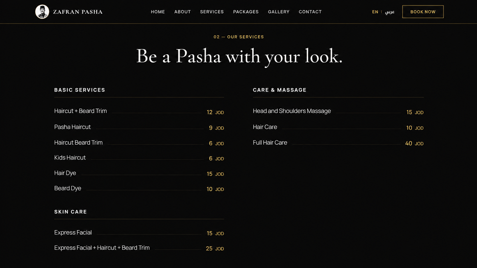 Zafran Pasha website services and pricing page